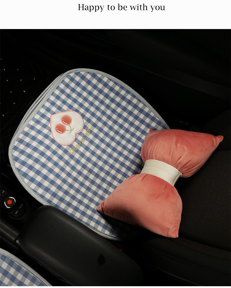 Plaid Cherry Car Cushion Four Seasons Universal Linen Single Piece Goddess Seat Cover Semi-enclosed Breathable Summer Day