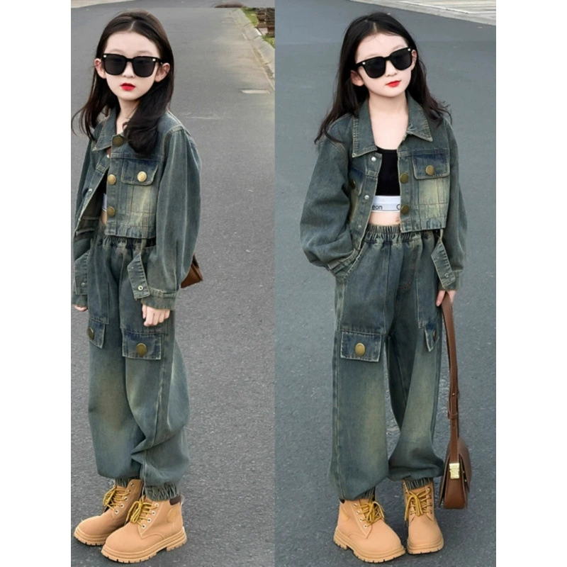 Девушки весенний и осенний костюм джинсовый пиджак брюки набор из двух частей модные иностранные девушки осенние платья для детей среднего возраста 2025 новый стиль