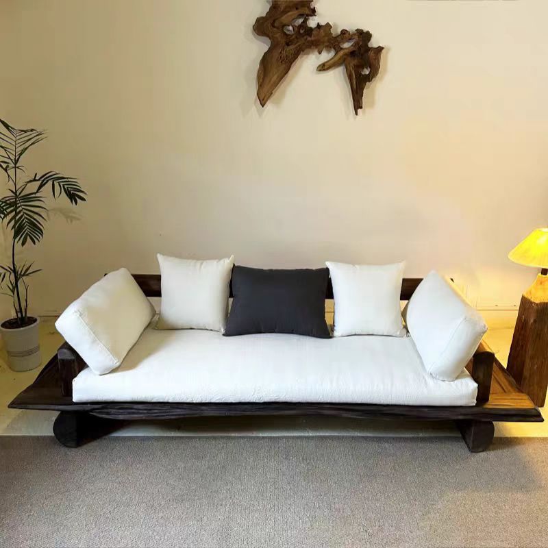 Wabi-Sabi Style Solid Wood Sofa Modern Simple Small Apartment Three-Seater Luohan Bed Living Room Straight Row Old Elm Sofa Bed