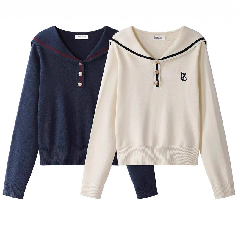 Gentle Korean Style Contrasting Navy Collar Embroidered Knitwear Autumn and Winter Splicing Fake Two-Piece T-Shirt