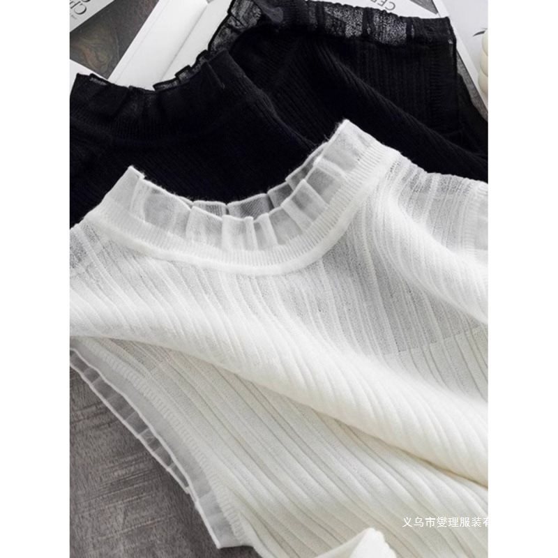 Mesh Half-High Collar Knitted Camisole for Women, Sleeveless Short Top, Lace Sweater for Outerwear Mesh Half-High Collar Knitted Camisole for Women, Sleeveless Short Top, Lace Sweater for Outerwear