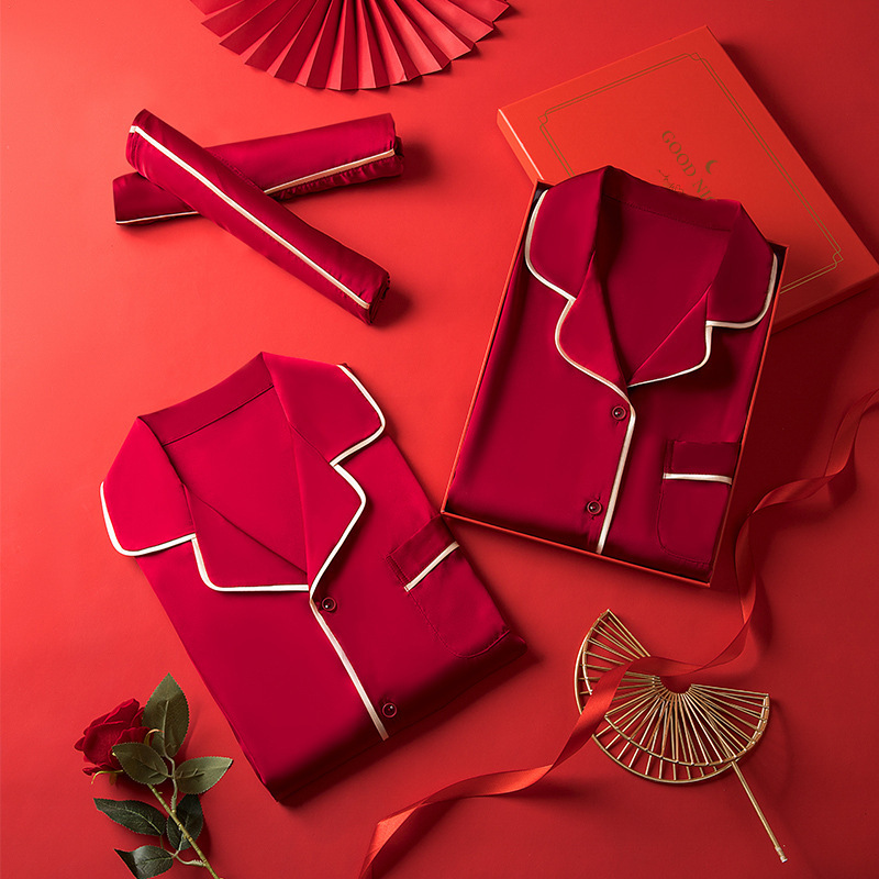 Wedding Pajamas Newlywed Couple's Set Wedding Silk Life Year Red Wedding Man and Woman Bride and Groom Gift Box