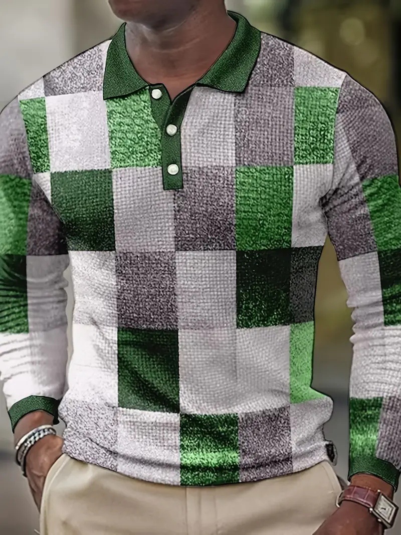 Personalidad retro tejido en contraste de color cuadrado estampado 3D casual suelto de manga larga camisa POLO de cuello con botones para hombres