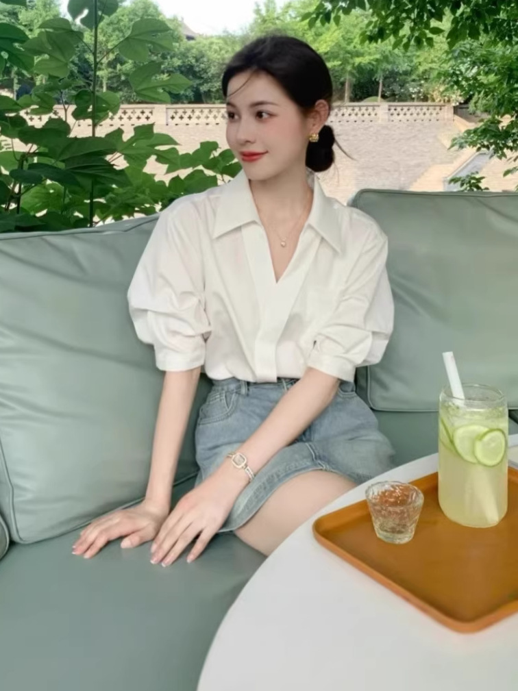 Áo sơ mi nữ cổ chữ V tay ngắn phong cách Pháp trắng thanh lịch — Màu trắng-hàng có sẵn