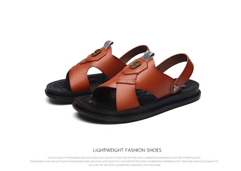 Dép sandal nam quai ngang hở ngón chất liệu da PU chống trơn trượt, thoáng khí — Màu kaki, Màu nâu, Nâu đỏ, Đen toàn bộ