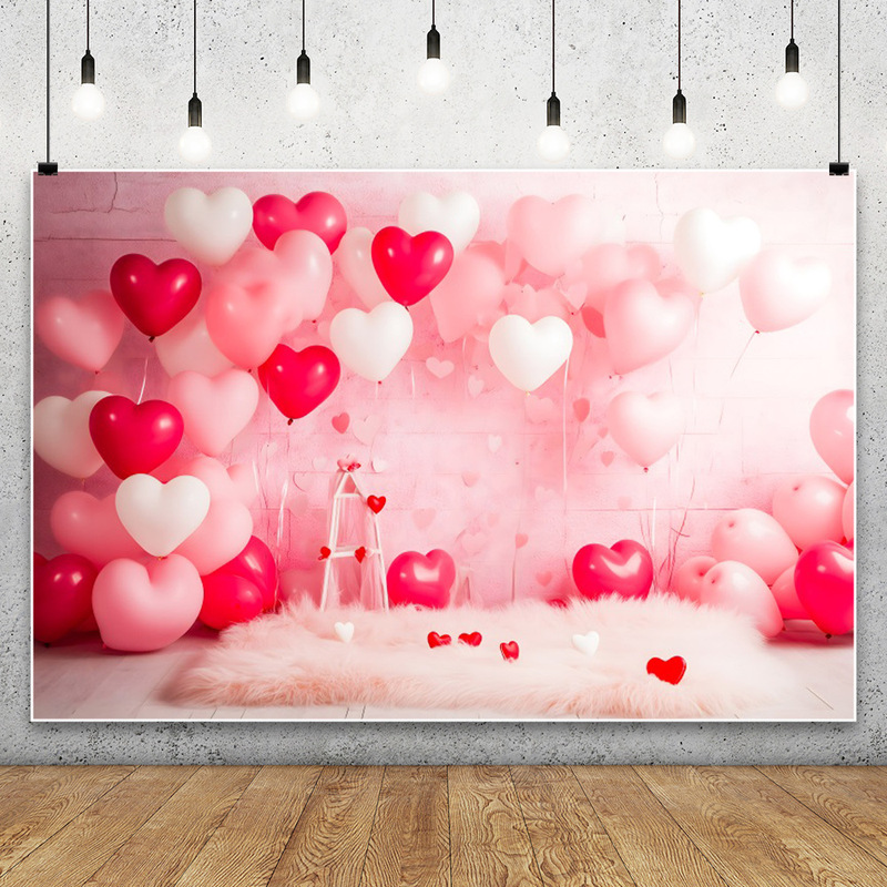 Romantic Valentine's Day Pink Watercolor Heart Balloon Party Decoration Export New Photography Background Cloth Banner