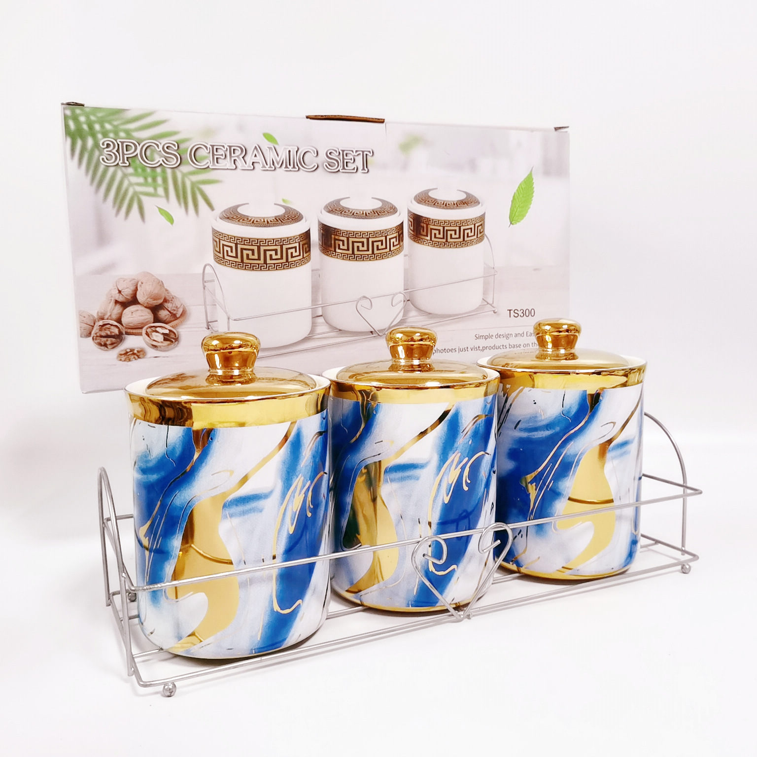 Exportación transfronteriza sellado Jar galvanoplastia de almacenamiento de cerámica tarro con almacenamiento de estante de hierro Jar café té Jar