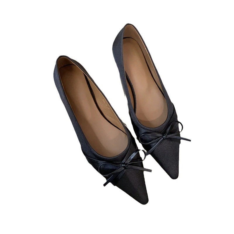 Shoes with bow pointed-toe for work and office low-cut flat