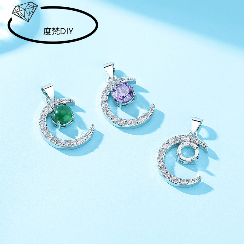 DIY semi-finished product: a white gold-plated moon pendant with full diamonds and a copper setting, inlaid with Huazi diamonds and jadeite (925 grade).