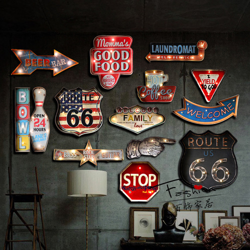 American retro iron wall decoration beer popcorn LED light bar cafe internet cafe decoration pendant