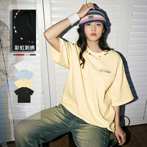 Colorful Letter Embroidered Short-Sleeve T-Shirt for Men - Summer Quality Loose American Casual Trend Brand Couple's T-Shirt