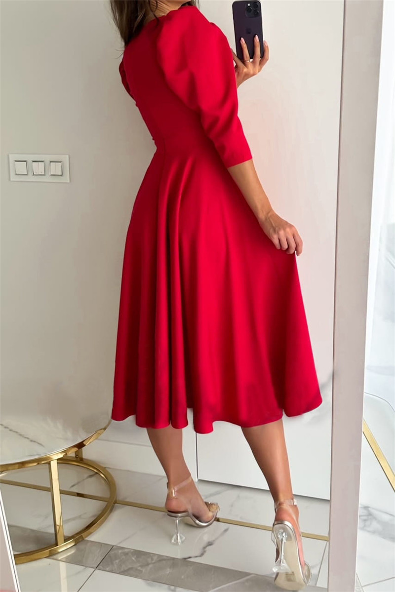 Wholesale Women's Casual Elegant Pleated Solid Color Holiday Daily V Neck 3/4 Length Sleeve Sheath Dress display picture 14