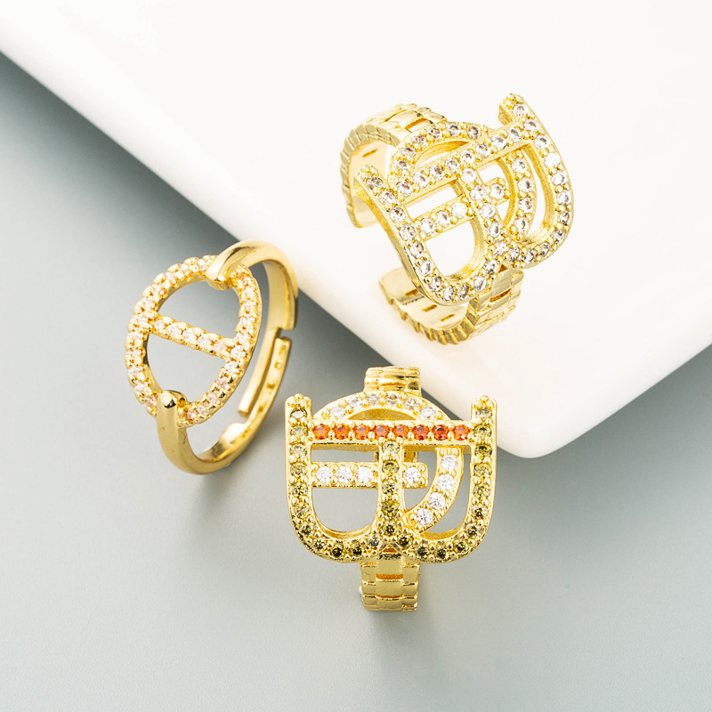 Fashion Copper Gold-plated Micro-inlaid Zircon Geometric Letter Ring Wholesale Jewelry display picture 2