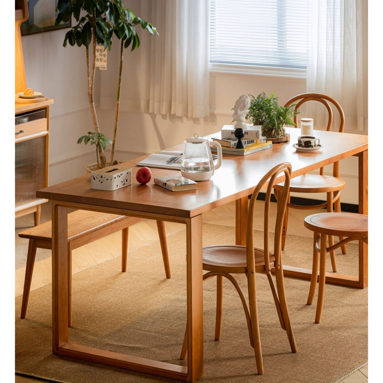 Blue Whale Dining Table Solid Wood Thickeneded Scandinavian Japanese Style Small Apartment Long Table Cherry Wood Workbench Large Table Legs Adjustable