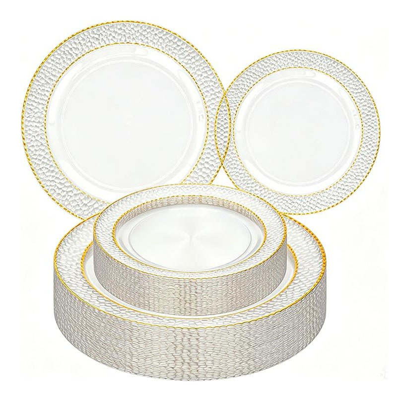 Cross-Border Disposable Plastic Dinner Plates for Parties, Birthdays, Weddings, Transparent Satin-Patterned Gold-Edged Plates, Tableware Decoration Supplies
