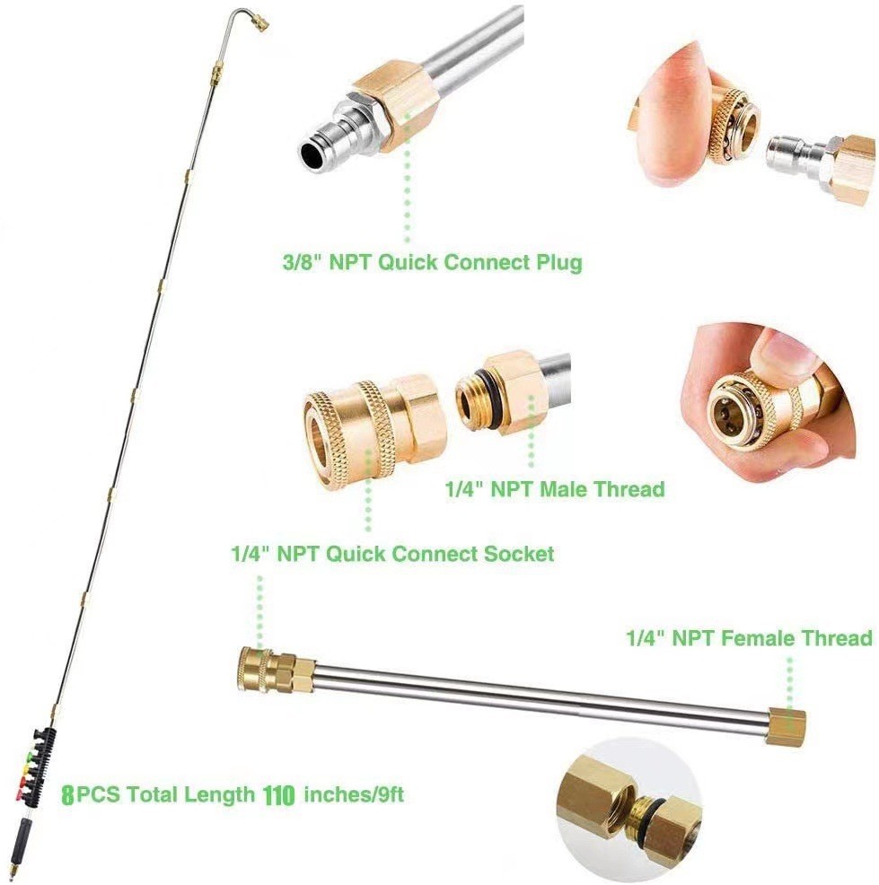 Cleaning Machine Water Gun Stainless Steel Extended Spray Rod Quick Connector Extension Rod 7-Piece Set
