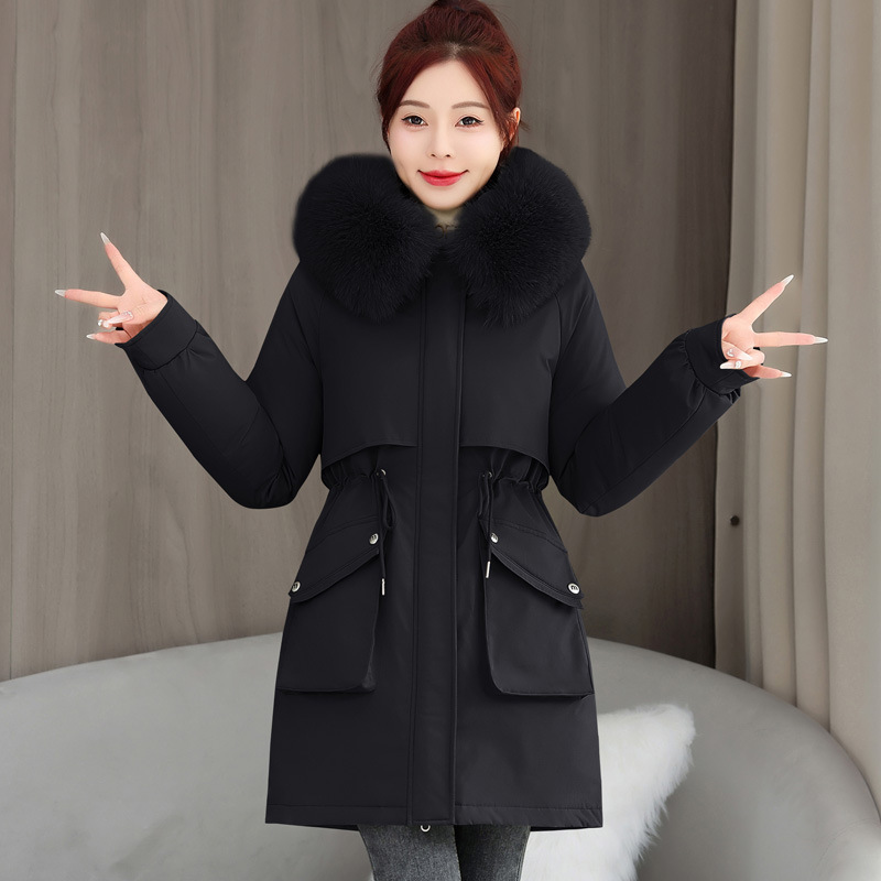 2025 invierno nuevo espessado para superar la cintura femenina delgada con capuzas cuello de cabello grande una chaqueta de algodón de terciopelo de moda