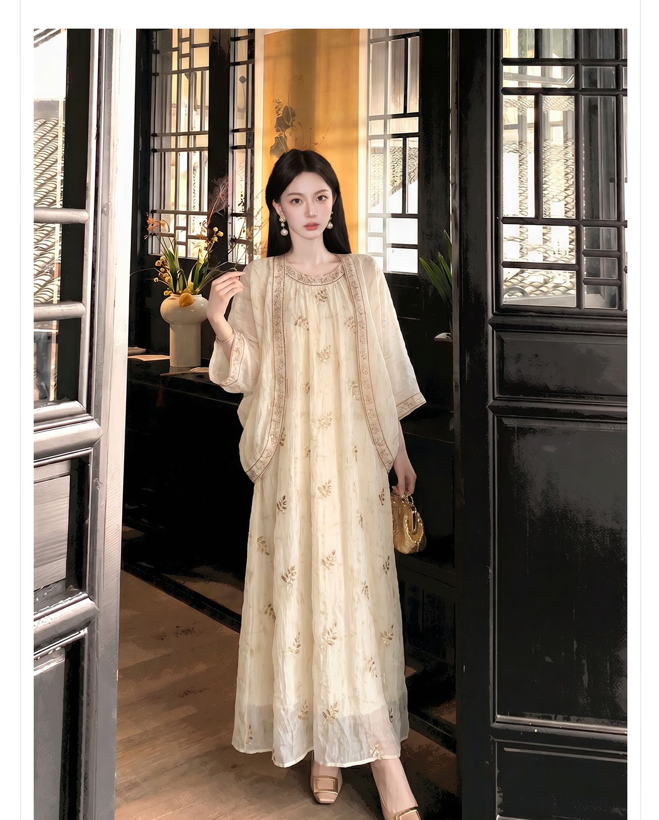Bộ váy đầm maxi thắt eo phong cách tân cổ điển thêu hoa kết cườm — bộ đồ, váy liền, áo khoác chi tiết 6