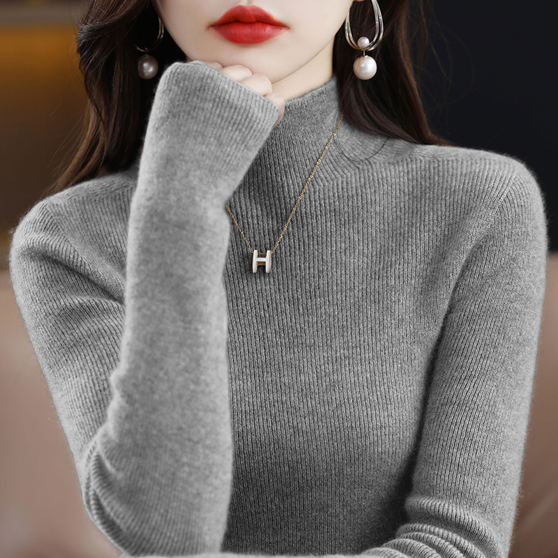 100% Pure Wool Sweater for Women, Autumn and Winter Slim-Fit Black Sweater with Half-High Collar, Wool Knit Base Layer 100% Pure Wool Sweater for Women, Autumn and Winter Slim-Fit Black Sweater with Half-High Collar, Wool Knit Base Layer