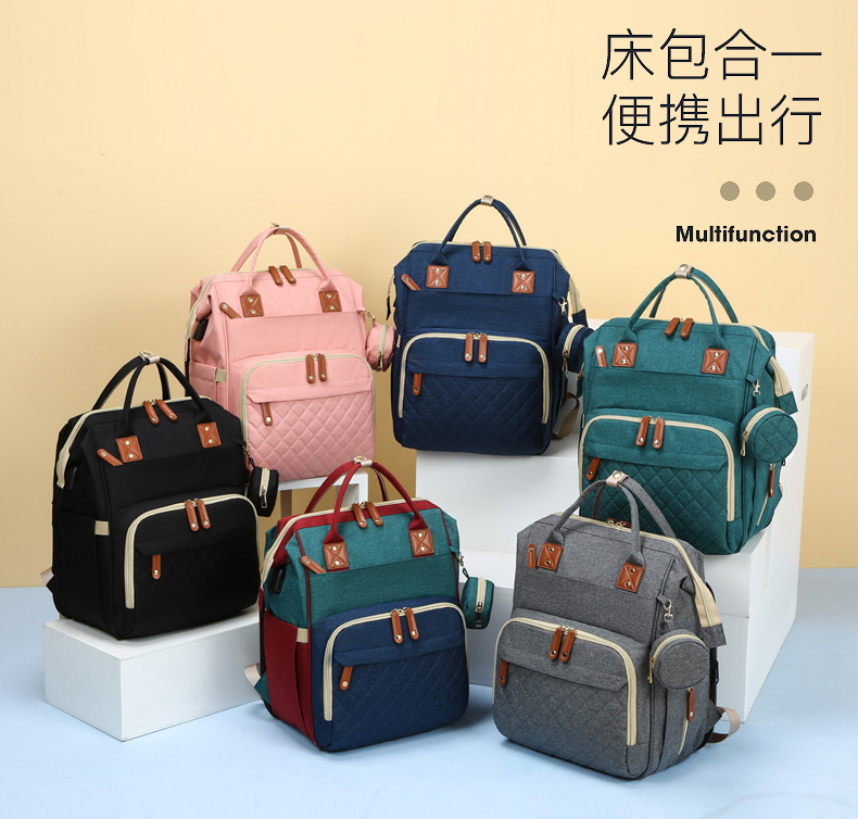 跨境新款摺疊床媽咪包大容量雙肩母嬰包多功能尿布寶媽媽背包工廠