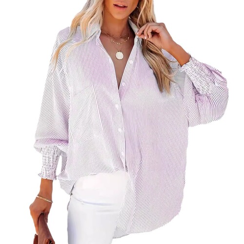 European and American-style beach vacation sun-protective mid-length striped blouse for women, featuring long sleeves