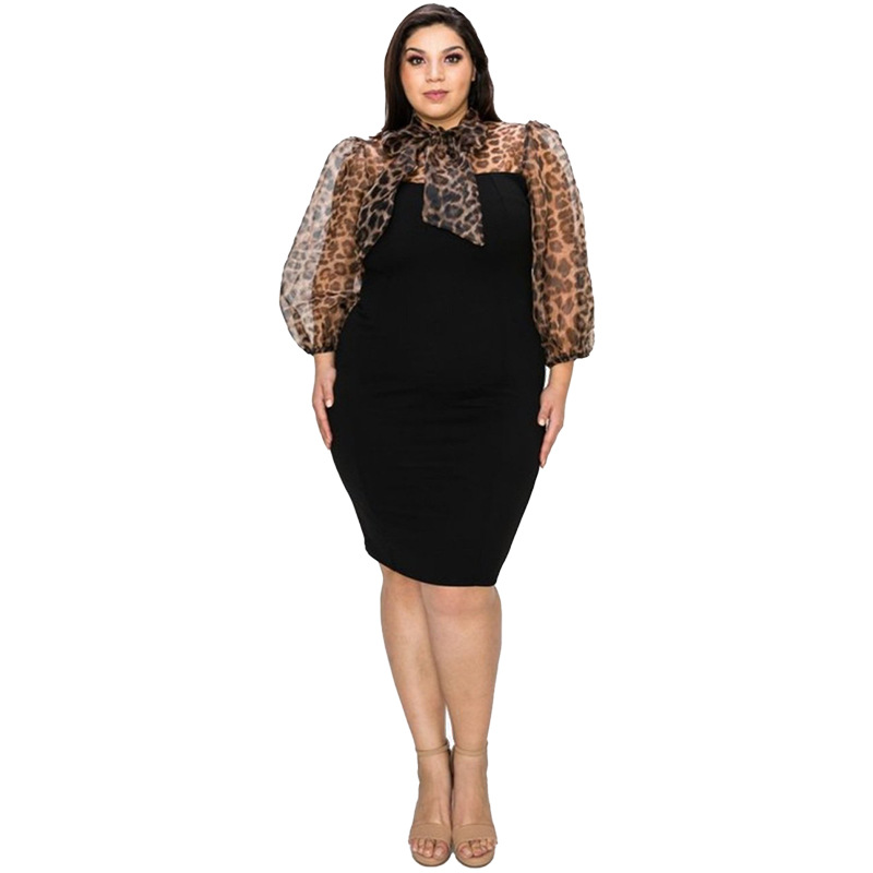 plus size long sleeve lace-up stitching leopard print perspective dress NSLNW122701