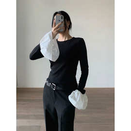 现 2026春季新款韩国东大门宫廷风大袖子修身圆领长袖T恤