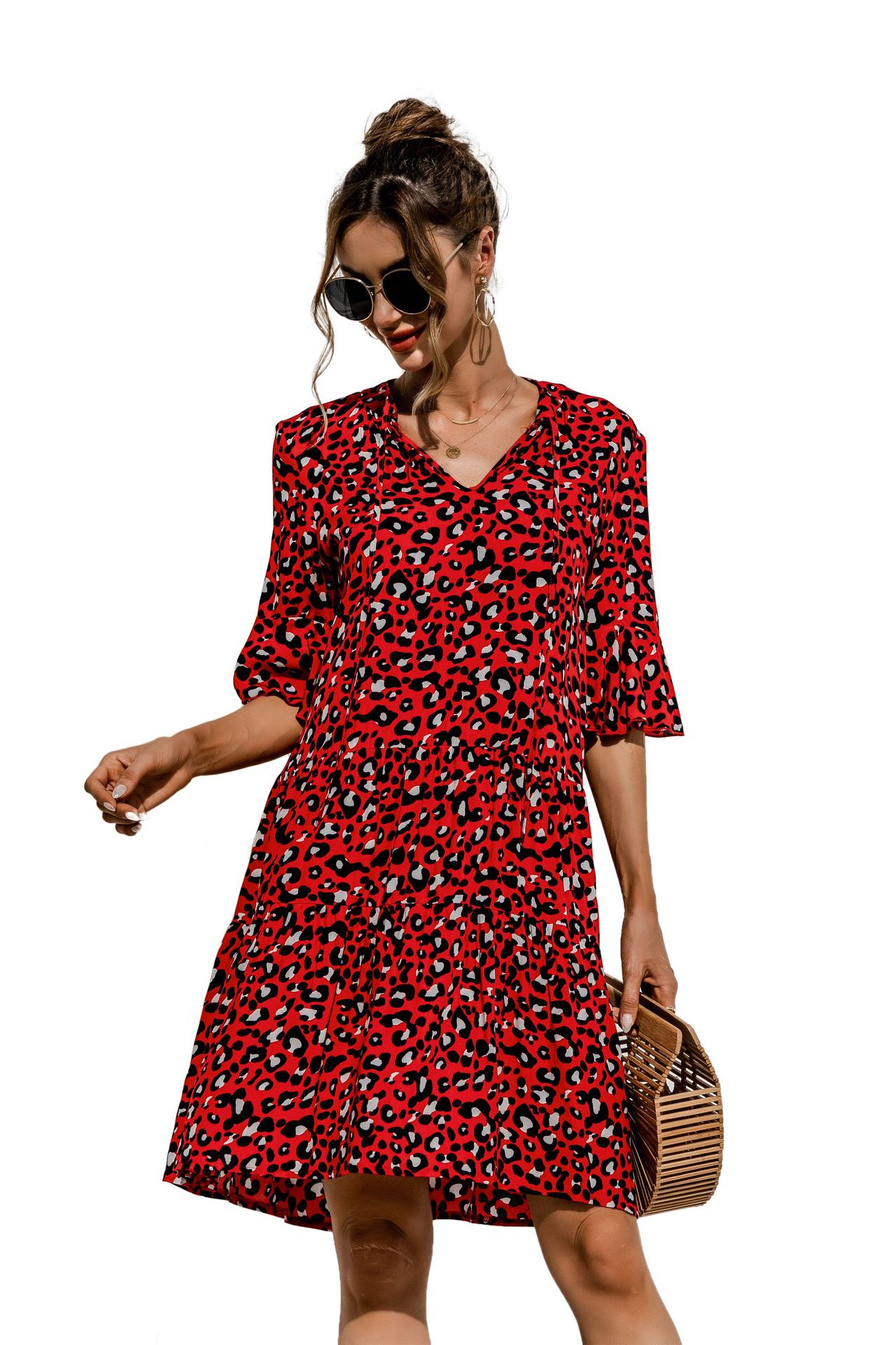 Tiered Skirt Dresses Type Bell Sleeve Sleeve Type Polyester Fabric Type Wholesale Women'S Streetwear Printing Patchwork Printing V Neck Short Sleeve Tiered Skirt