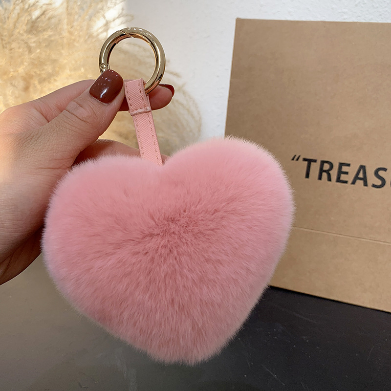 Cute Rex Rabbit Pompom Ball Heart-shaped Car Keychain Hanging Distinctive Creative Girl Love Bag Pendant Gift