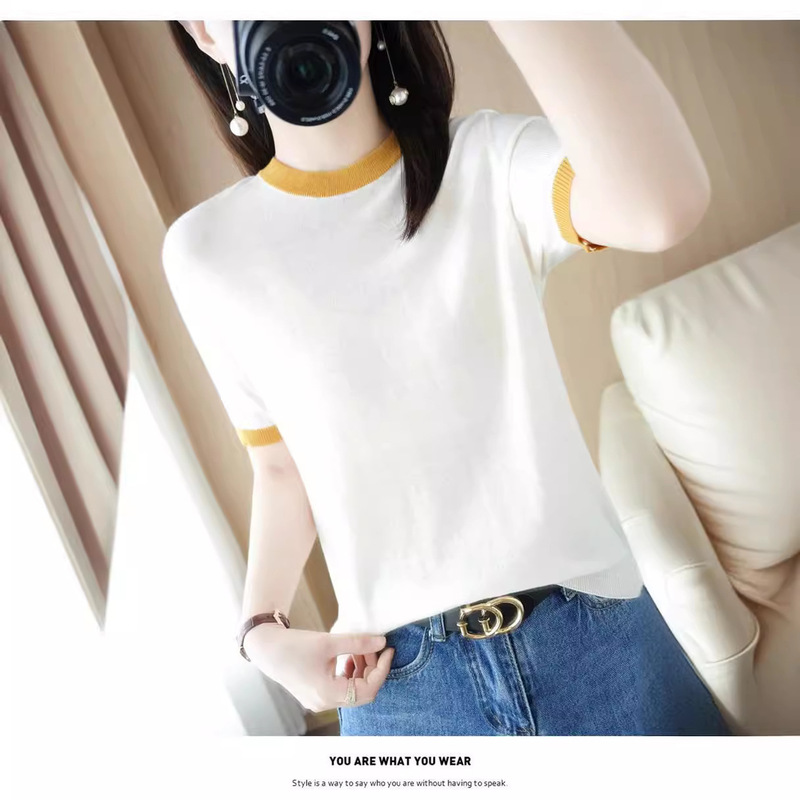 Summer New Women's Knitted Short-Sleeved Simple and Fashionable Versatile Color-Blocked Round Neck Knitwear for Elegant Commuting