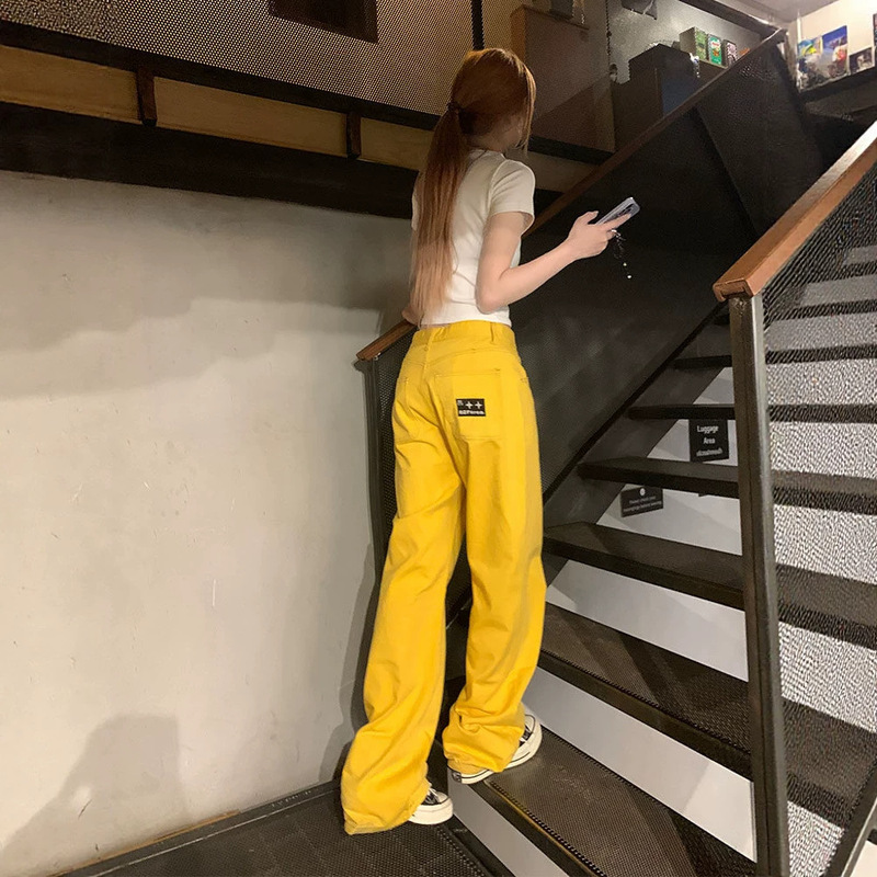 2026 New Yellow Jeans: Street-style Casual Wave Pattern Wide-leg Jeans for Women, Y2K Hot Girl Street Style with Embroidery 2026 New Yellow Jeans: Street-style Casual Wave Pattern Wide-leg Jeans for Women, Y2K Hot Girl Street Style with Embroidery