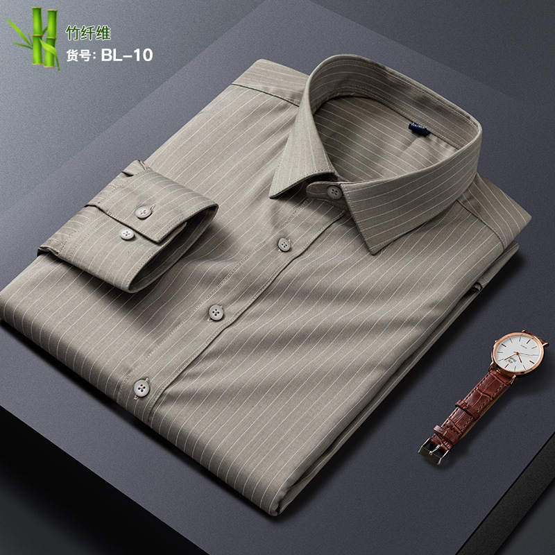 Los hombres de primavera nueva camisa de manga larga de fibra de bambú elástico de seda de hielo camisa a rayas delgada slim fit hombres de negocios ropa