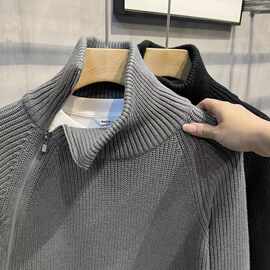 潮男复古小宽松开衫毛衣韩风年个性侧拉链半高立领长袖新品衫