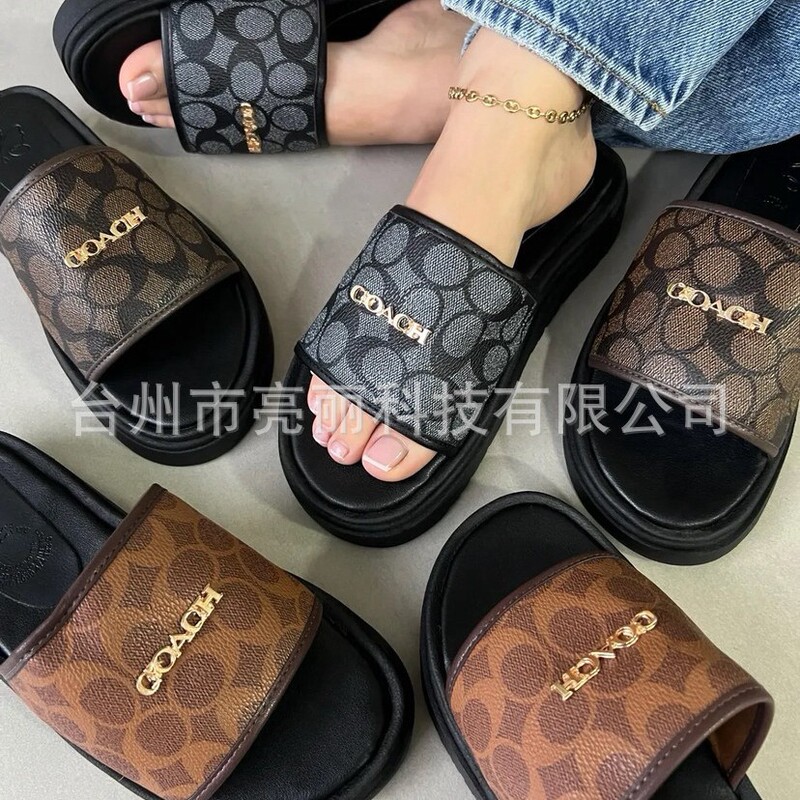 Coah Lettered Logo Guangdong Version Luxury Thick-Soled Mid-Heel Slippers Large Size Foreign Trade Cross-Border Beach Sandals