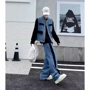 Retro Design Men's Summer Matchinging Denim Suit Vest Handsome Contrasting Color High-end Straight Wide-leg Pants