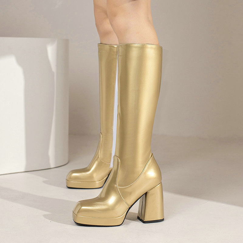 Autumn and Winter New Thick Heel Super High Heel Elastic Boots Square Toe High Boots Green Patent Leather Knee Boots Martin Boots
