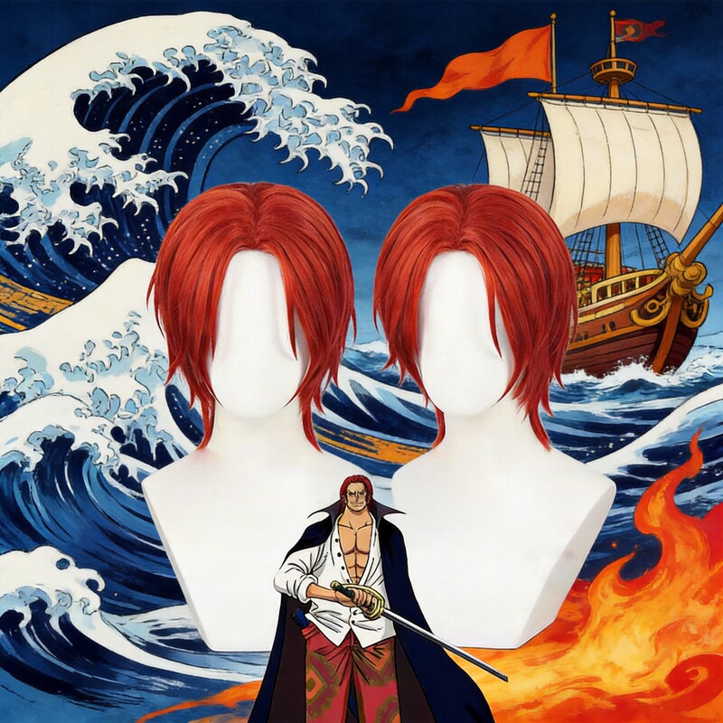 Silky One Piece Red-Haired Shanks Cosplay Wig, Burgundy Color, Middle Parting, Layered, Reverse Curl, Anime Style