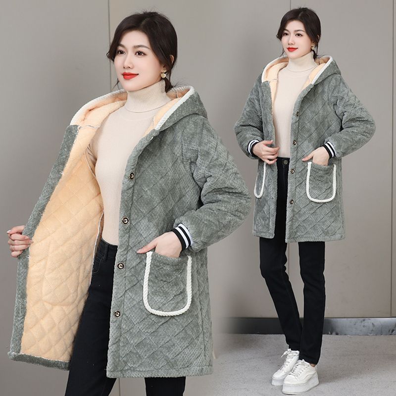 加绒长外套加棉加厚裙时尚外穿工作服冬季女新款厨房棉衣保暖罩衣