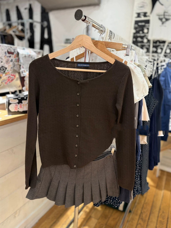 Bm Style New Retro Brown Round Neck Cut Out Embroidered Knitted Cardigan Autum Bm Loose Lazy Sweater Jacket