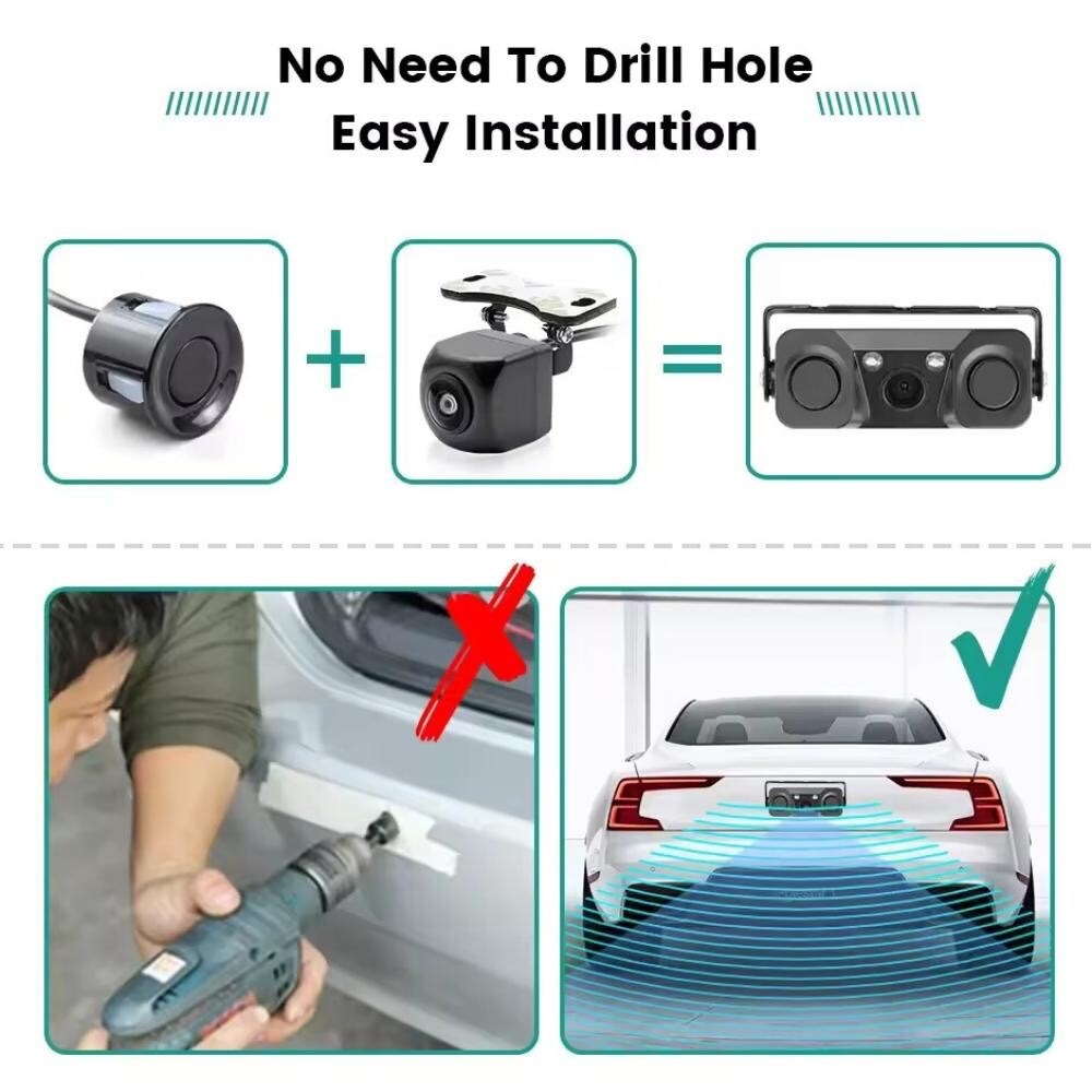 Hd 7inch Rearview Mirror Monitor + 3-in-1 Parking Radar Sensor Reversing Camera Rear View