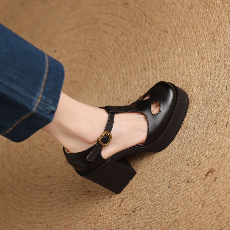 Sandal nữ đế xuồng platform gót vuông phong cách vintage khóa kim loại — màu nâu, màu đen chi tiết 66