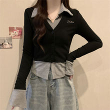 黑色假两件领新品衫女春秋新品感修身短款打底内搭学院风上衣适中