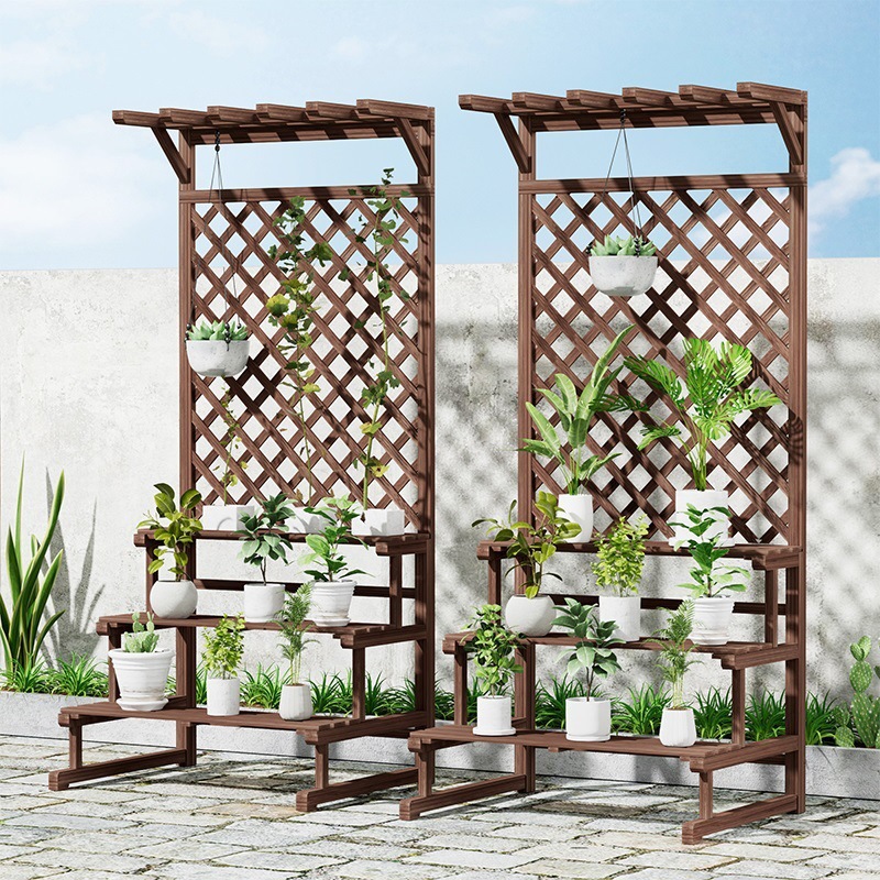 Soporte de flores de madera anticorrosión Soporte de maceta rejilla de piso estante de flores de patio interior madera maciza terraza de varios pisos al aire libre