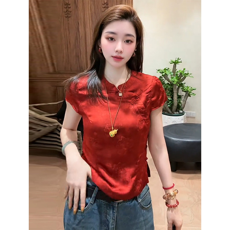 新中式气质红色短袖衬衫女装2025夏季新款百搭显瘦贵气感国风上衣|undefined