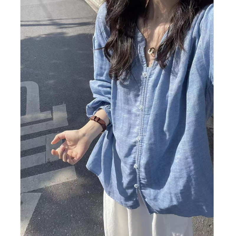 Korean-Style Simple and Versatile Sky Blue V-Neck Linen Shirt for Women + White Linen A-Line Skirt Set with a Relaxed Feel