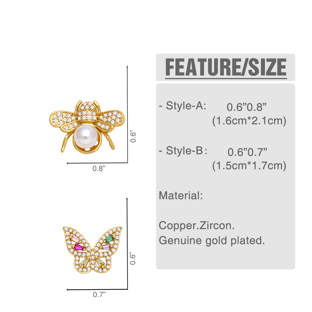 simple bee butterfly pearl copper inlaid zircon 18K gold-plated earrings