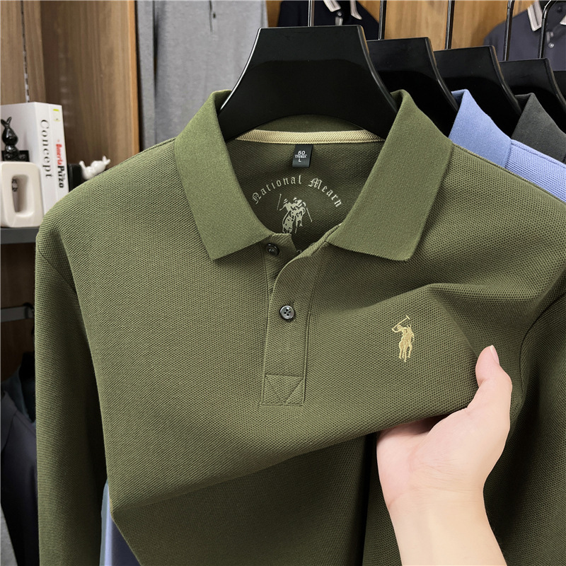Pure Cotton Long-Sleeved Polo Shirt for Men 2025 Autum New Fashion Lapel Embroidered Cotton Breathable Bottoming Men's T-Shirt