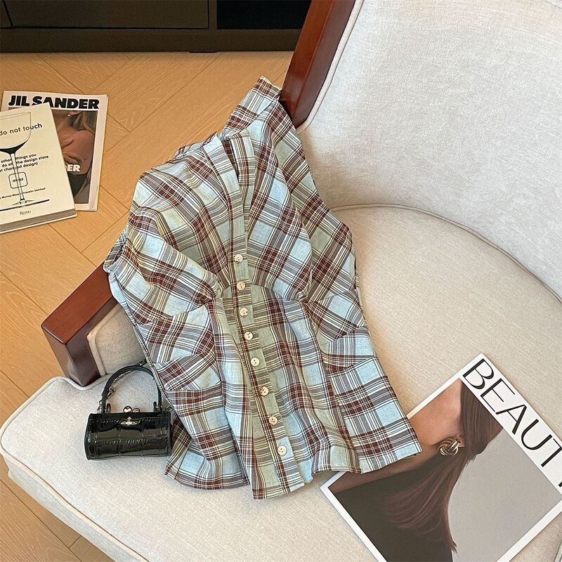 Petite Plaid Half-Open Collar Shirt for Women, New Summer Style, Single-Breasted Sleeveless Short Halter Neck Tank Top for Women Petite Plaid Half-Open Collar Shirt for Women, New Summer Style, Single-Breasted Sleeveless Short Halter Neck Tank Top for Women