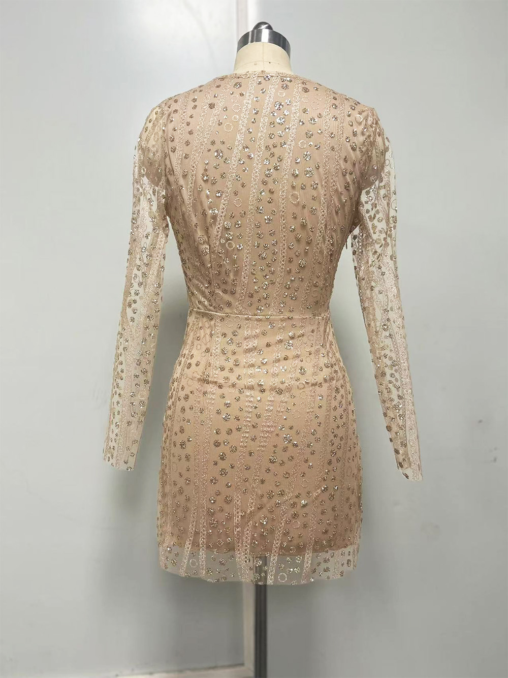 Women's Clothing Deep V See Through Bodycon Dress Gold Flecked Long Sleeved Evening Gown Sexy Party Wear_ecoleips.com