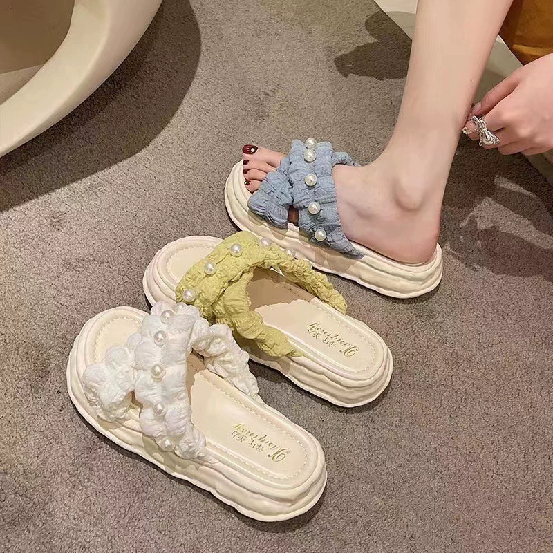 Platform sandals, PVC thick sole with pearl detail, beach slip-on for women